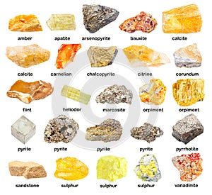 Set of various rough yellow minerals with names