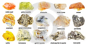 Set of various rough yellow stones with names