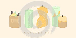 Set of various scented candles, different shapes and colors. Decorative design elements