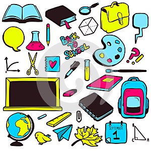 Set of various school elements, colorful hand drawn collection