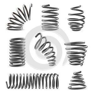 Set of various shaped metal springs tapering, expanding in different places. Compressed, extended coils.