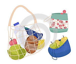 Set of various shopping bags filled with goods. Food basket, paper and plastic packages, string bag. Vector illustration