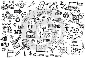 Set of various social media hand drawn vector doodles