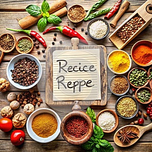 Set of various spices and herbs on wooden background. Top view with space for your recipe. Flat lay photo