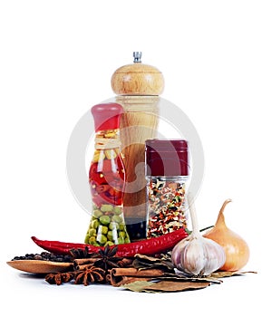 Set of various spices on white background