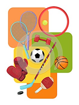 Set of various sports equipment. Vector isolated objects.