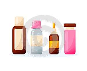 Set various sprays, syrups, drops, tablets, ointments, in different packages.