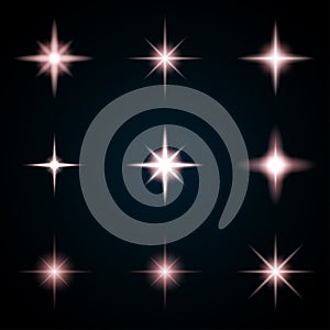 Set of various starry flare elements. Vector illustration with light effects for design.