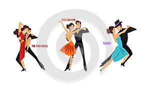 Set of Various Styles of Dancing, Professional Dance Couples Dancing Cha-Cha-Cha, Paso Doble, Tango Cartoon Vector photo