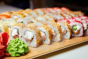 Set of various sushi rolls on a board. Close-up, selective focus