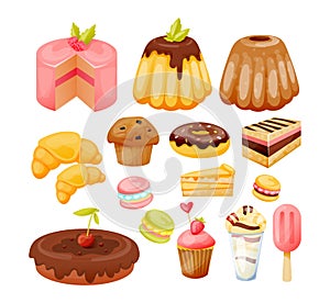 A set of various sweets, delicious, beautiful pastries and desserts.