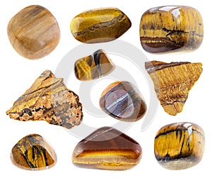 Set of various tigers eye gemstones cutout