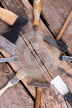 Set of various tools and instruments, top view.