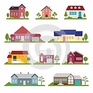 Set of various of townhouse building apartment and trees. Houses exterior vector illustration front view with roof in flat design