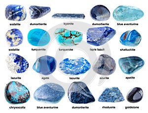 Set of various tumbled blue stones with names