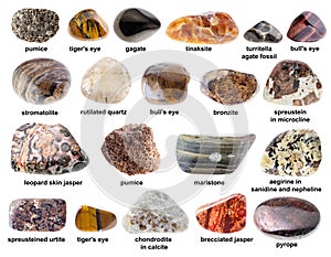 Set of various tumbled brown minerals with names