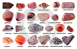 Set of various tumbled red stones with names