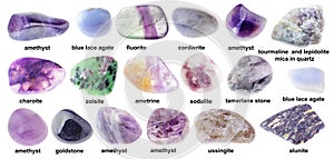 Set of various tumbled violet stones with names