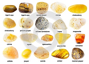 Set of various tumbled yellow rocks with names