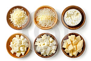 Set of various types of cheese in bowl, top view