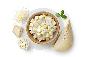 Set of various types of cheese in bowl, top view