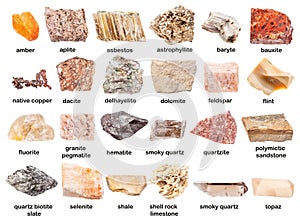 Set of various unpolished minerals with names