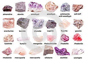 Set of various unpolished pink minerals with names