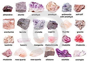 Set of various unpolished pink minerals with names photo