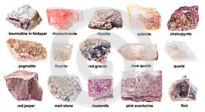 Set of various unpolished pink rocks with names