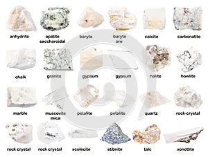 Set of various unpolished white stones with names