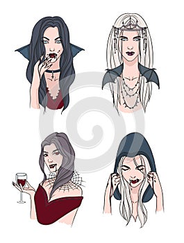 Set of various vampire girl. Woman with fangs and blood. Collection stylish portrait halloween character. Hand drawn