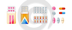 Set of various vector pills and tablets, in different packages.