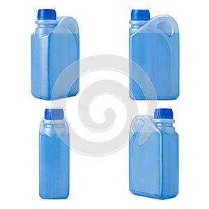 Set of various view of plastic bottle with blue antifreeze on white