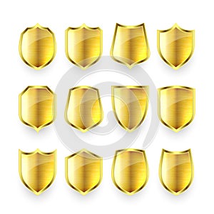 Set of various vintage 3d metal shield icons. Shiny golden heraldic shields. Black protection and security symbol, label