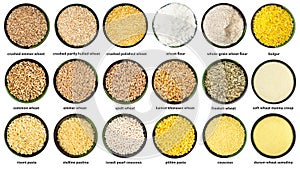 Set of various wheat grains in bowls with names