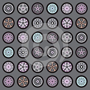 Set of various wheels icons isolated on gray