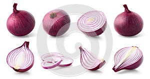 Set of various whole and sliced red onions