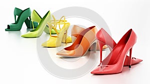 Set of various women`s shoes isolated on white background. 3D illustration