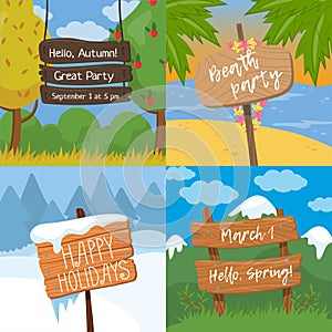 Set of various wooden signs with text, wood old planks sign on tropical, autumn, winter and spring background colorful