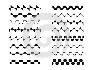 A set various zigzag patterns, wavy, sinusoidal or rickrack repeatable border lines,  horizontally seamless geometrical zig zag