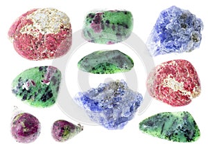Set of various zoisite stones cutout on white