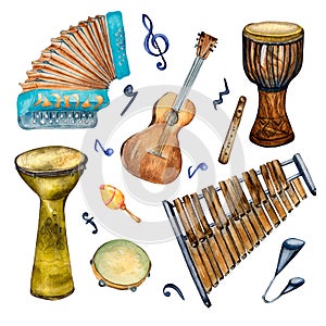 Set of variouse percussion musical instruments watercolor illustration isolated.