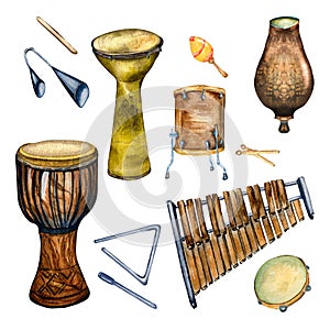 Set of variouse percussion musical instruments watercolor illustration isolated.