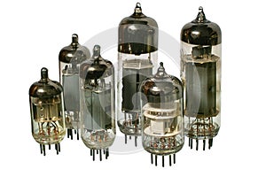 Set of varisized old vacuum radio tubes. photo