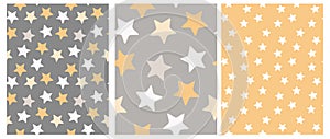 Set of 3 Varius Star Vector Patterns. Irregular Hand Drawn Simple Starry Sky Print.