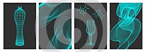 Set of vase and wireframe mesh posters. Linear elements of retro design. 3D. Y2k . Vector illustration for social media