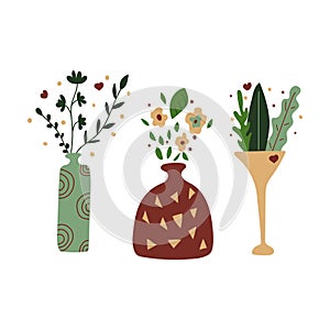 Set of vases with flowers and leaves.