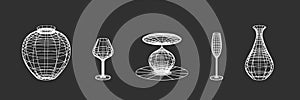 Set of vases and glasses with wire frame. In white color. Linear elements of retro design. 3D. Y2k . Vector illustration