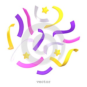 Set of vector 3D Confetti, Serpentine, Stars. Colorful Firecracker Elements in Various Shapes. Party, Holyday, Surprise