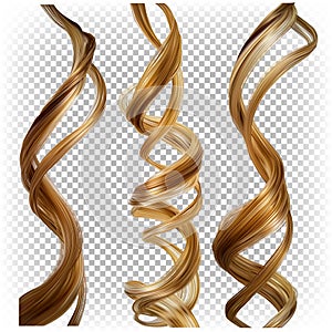 Set of vector 3d realistic illustrations of curly blond hair isolated on a transparent white background